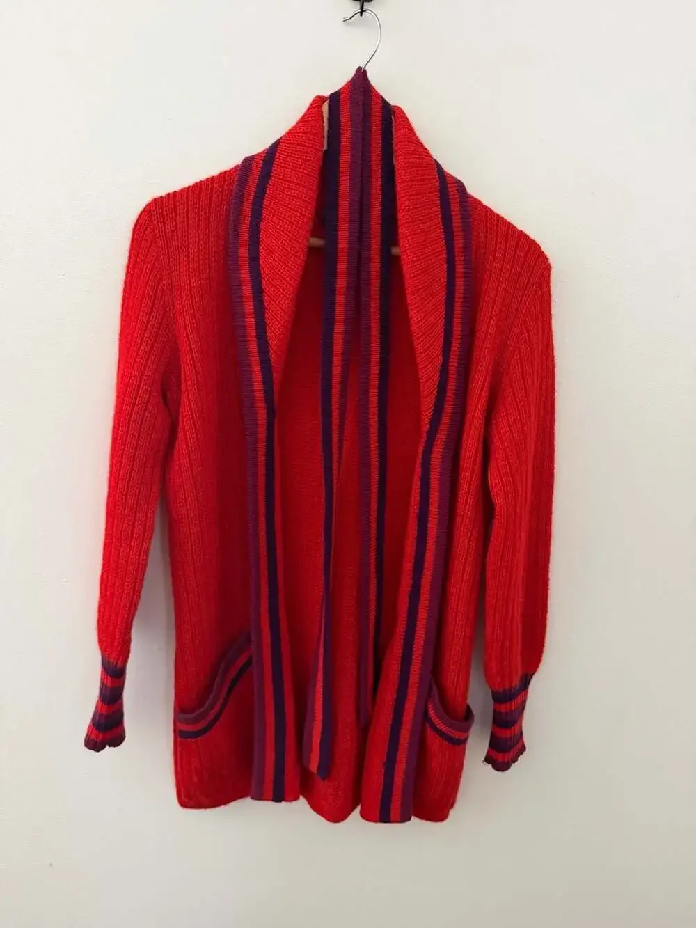 Yves Saint Laurent Tricots Vintage Red and Purple Striped Knit Cardigan sz S